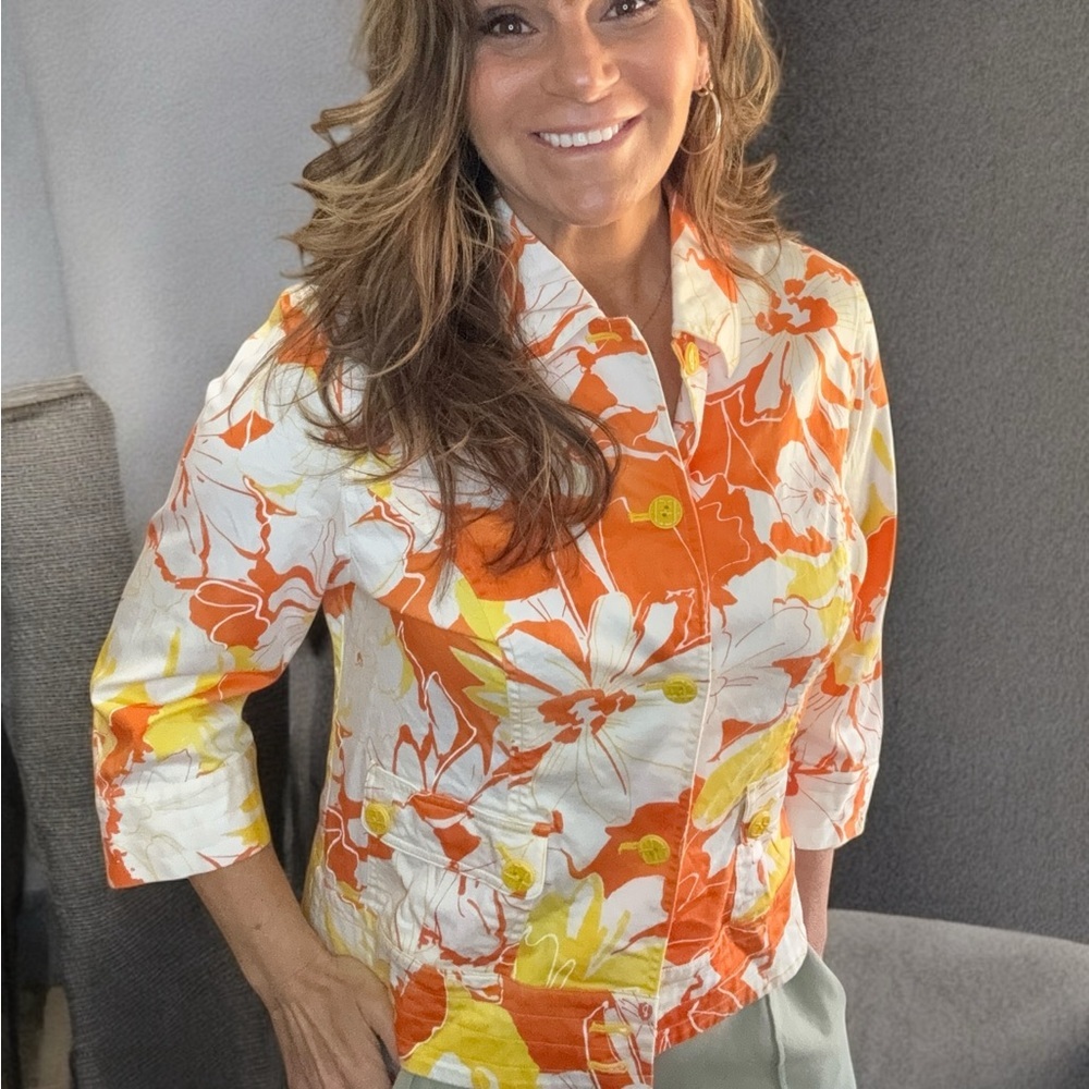 Coldwawter Creek Women's Orange Floral Button Front Jacket Size 12
